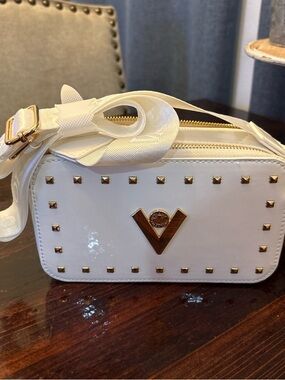 Valentino Orlandi White Patent Studded Crossbody with Gold V Logo